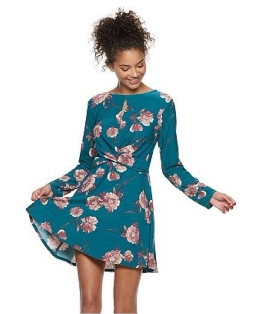 Lily Rose Twist Front Swing Dress Teal Mauve Flowers Floral Midi Dress XL Stretc